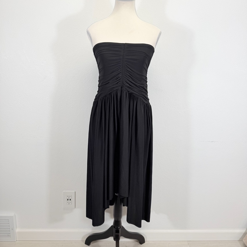 MISA Los Angeles Strapless Ruched Dress Black Asymmetric Hanky Hem M NWT USA